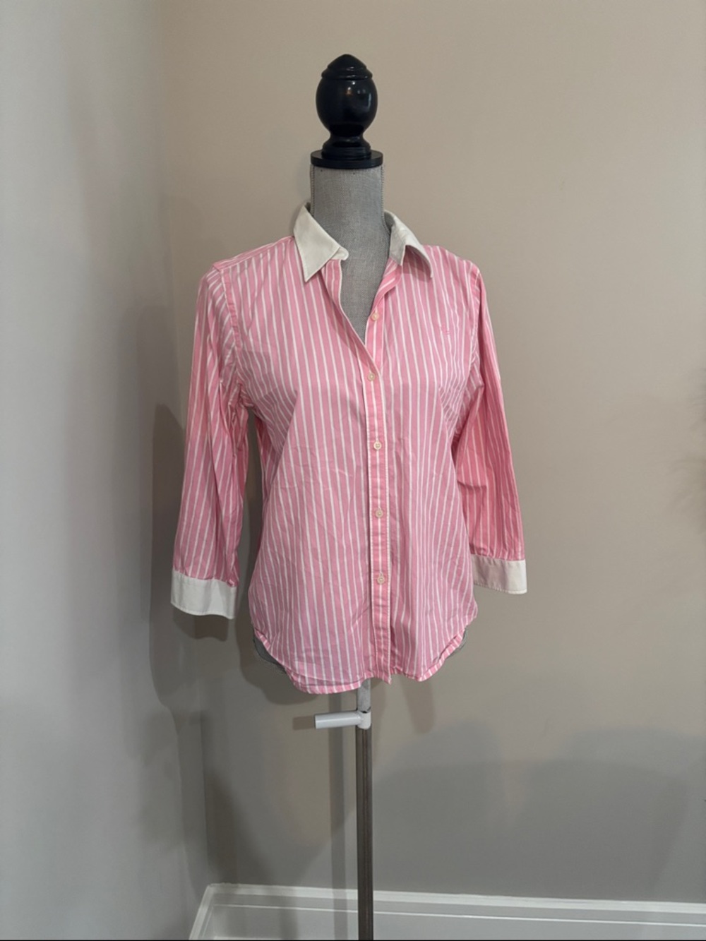 Ralph Lauren Women's Pink Stripe classic 3/4 sleeve Button-Down Shirt size m